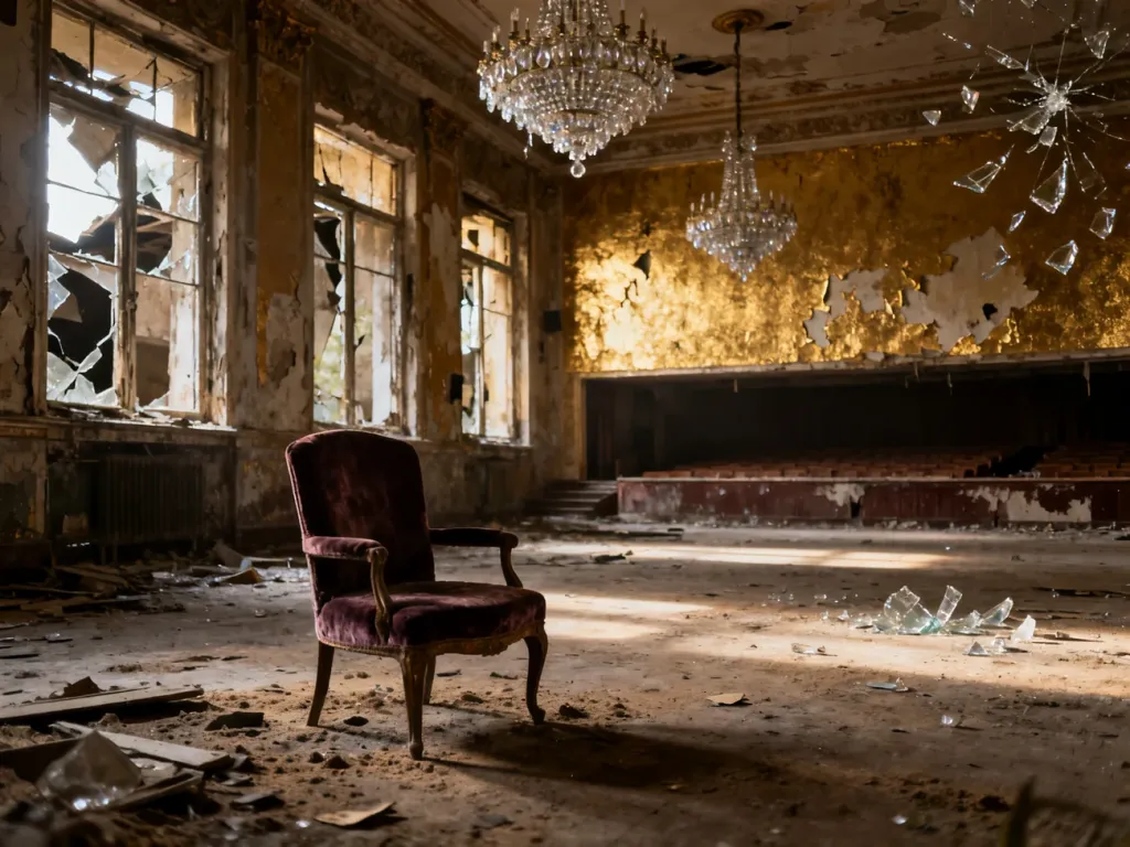Wnętrze zrujnowanego, dawniej eleganckiego teatru, obrazujące proces rozkładu i utraty dawnej świetności.